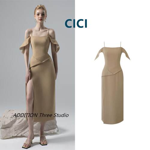 越南小众 CICI 气质一字肩荷叶袖收腰修身高开叉礼服吊带连衣裙女