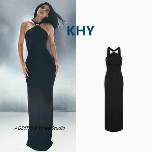 正品 KHY 26春夏款性感黑色金属扣褶皱收腰修身露肩挂脖连衣裙女