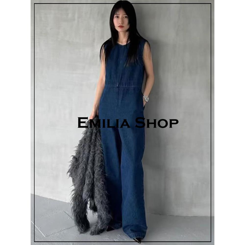 新款无袖露背牛仔背心直筒裤女