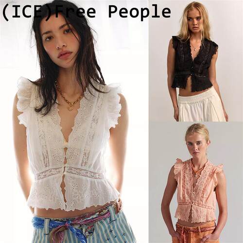 ice买手店正品折扣Free People荷叶边刺绣镂空V领短款背心衣衬衫