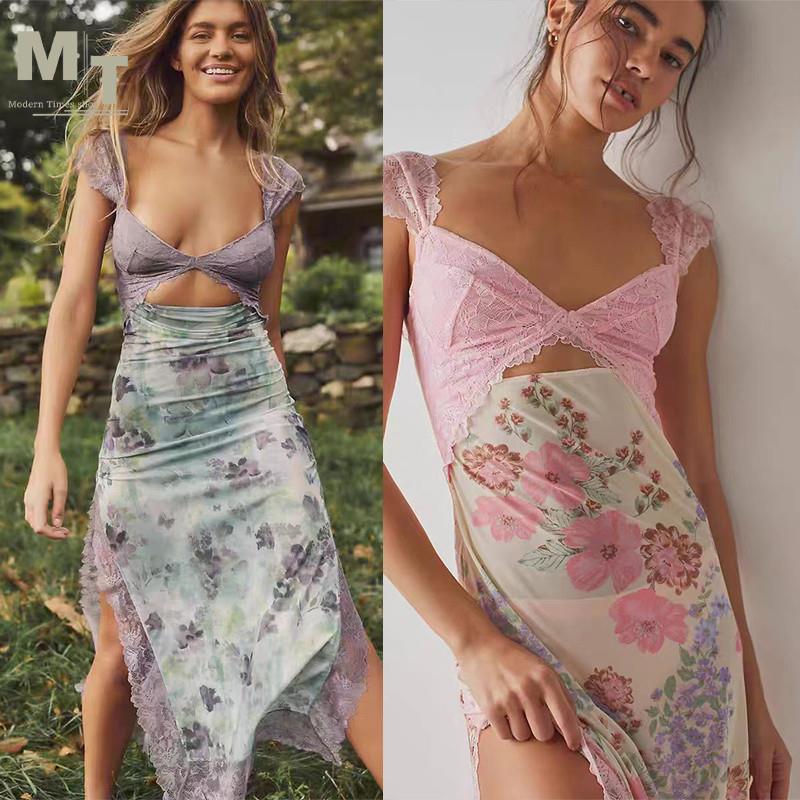 free people 小众新款透视蕾丝花边拼接印花吊带长洋装图片
