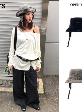 正品韩国OPEN YY双人舞可拆卸耳罩休闲羊毛遮阳渔夫帽女