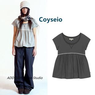 韩国 Coyseio 26春夏新款圆领蕾丝褶皱宽松减龄娃娃衫短袖T恤上衣