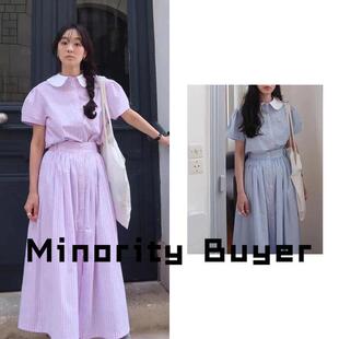 现货 买手店 Fletta 23新款娃娃领条纹短袖衬衫高腰长裙套装女