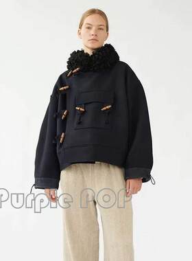 POP买手店 AF AGGER 新款通勤风牛角扣毛领宽松保暖短外套