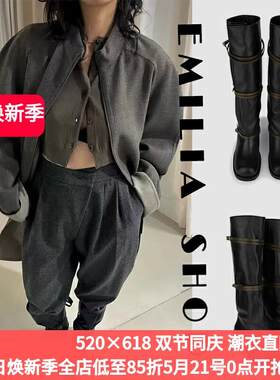 买手店现货韩国AMOMENTO直筒靴25新款粗跟牛皮系带长靴骑行靴