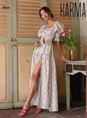 Pleased泰国碎花度假风露背方领泡泡袖长裙连衣裙【正品代购】