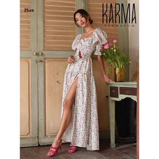 Pleased泰国碎花度假风露背方领泡泡袖长裙连衣裙【正品代购】