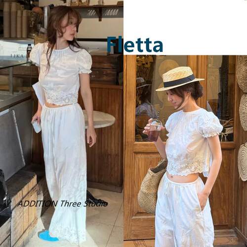 韩国 Fletta 26夏季新款气质圆领蕾丝拼接泡泡袖短款衬衫休闲裤女