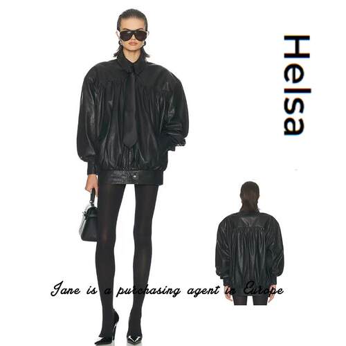 国现 瑞典直邮 Helsa  新款黑色廓形翻领老钱风宽松皮衣夹克外套