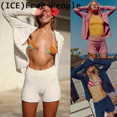 ice买手店正品Free People 休闲勾编连帽针织衫开衫短裤套装女