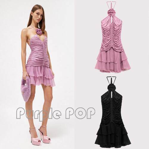 POP买手店 Blumarine 可调节挂颈3D花朵拼接褶皱露背洋装
