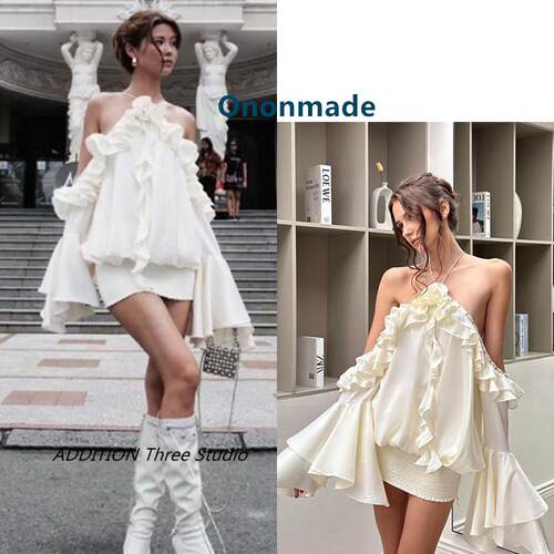 越南 Ononmade 24夏款立体花荷叶边喇叭袖性感挂脖露背吊带连衣裙