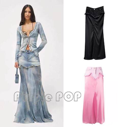 POP正品买手店 Blumarine 小众设计拼接雪纺不规则超长牛仔半身裙