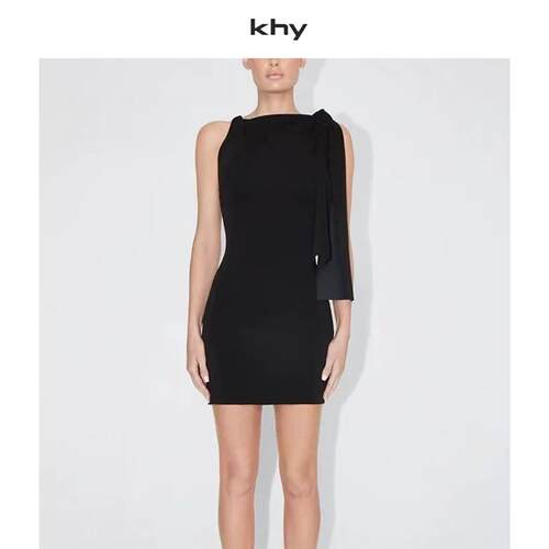 KHY 新款轻奢风挂颈斜肩飘带修身型洋装女