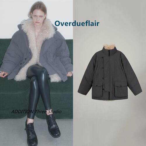 韩国 Overdueflair 24冬季新款宽松可拆卸毛领工装派克羽绒服外套