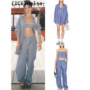 Lve买手店正品折扣Helsa易梦玲ElsaHosk同款蓝色条纹衬衫吊带长裤