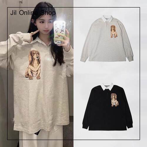 买手店韩国正品现货OPEN YY新款宽松狗狗印花长袖polo衫上衣女
