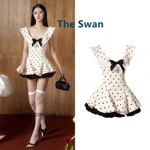 越南 The Swan 25春夏新款大U领蝴蝶结波点荷叶边无袖迷你连衣裙