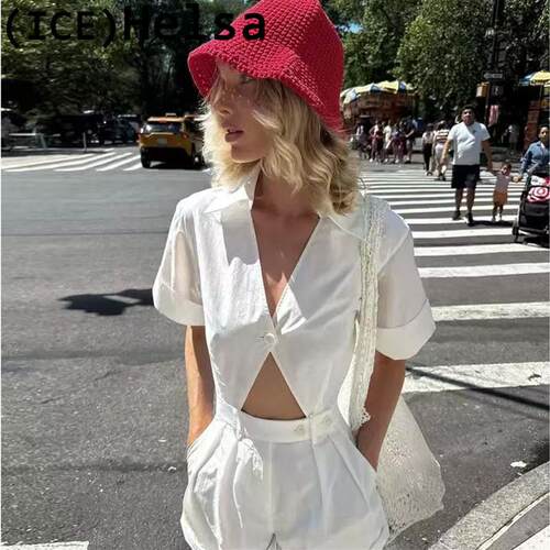 Ice买手店正品折扣现货Helsa套装26新款白色V领短袖收腰连体短裤