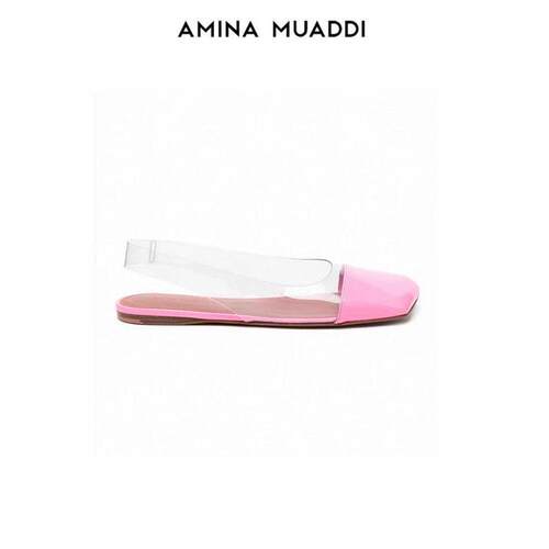 Amina Muaddi 新款透明方头露跟平底芭蕾时尚单鞋
