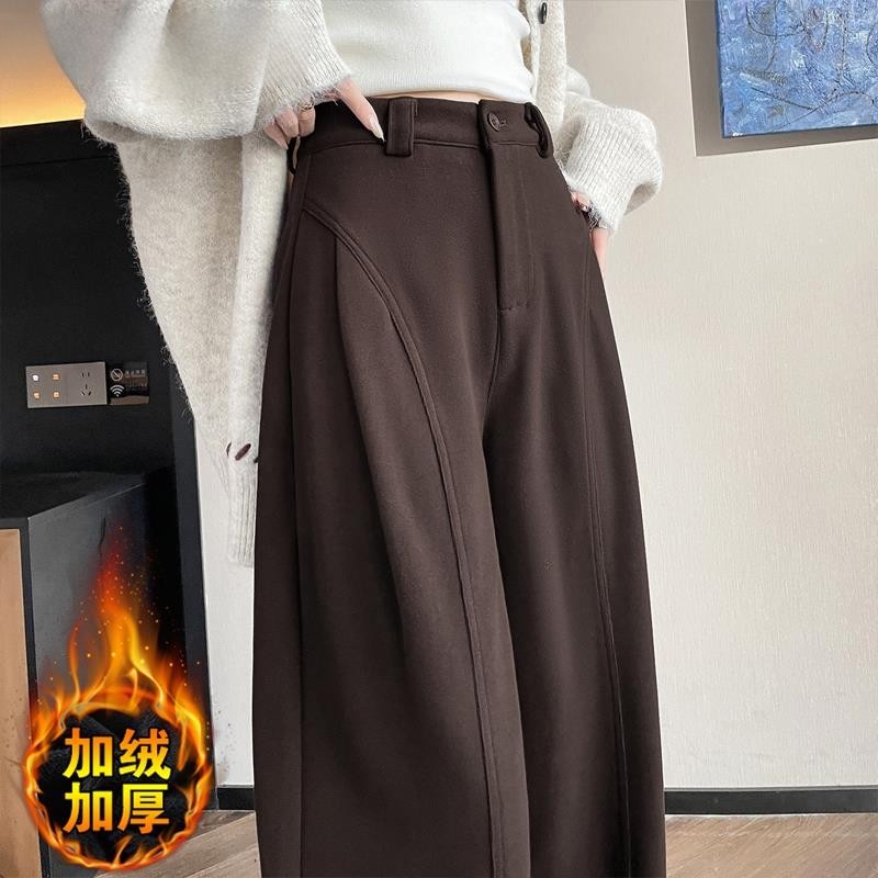 摩卡棕复古高腰毛呢西装裤女冬季加绒加厚宽松显瘦休闲弯刀阔腿裤