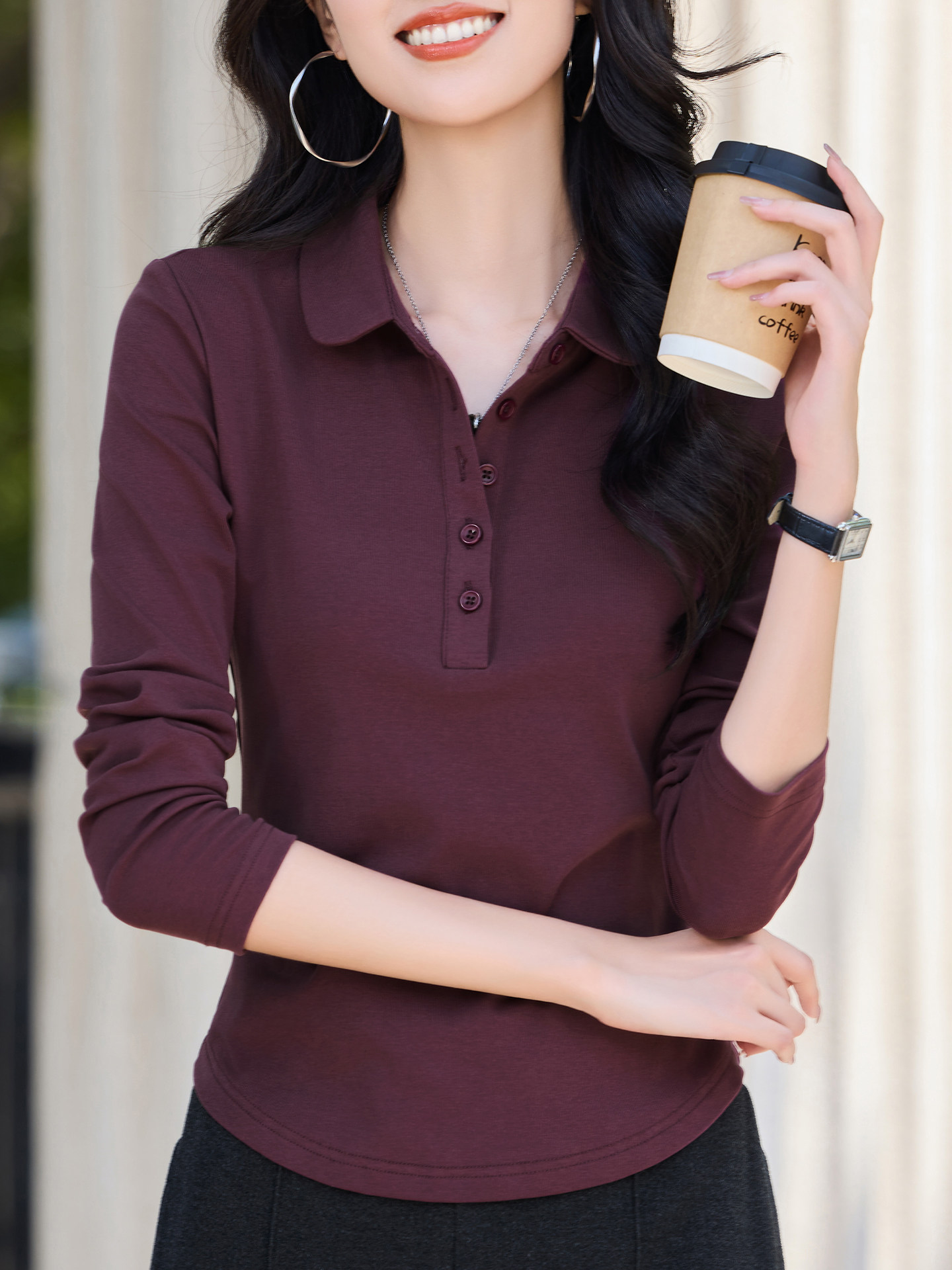 POLO领纽扣长袖T恤女春秋季2025新款百搭显瘦正肩紫色上衣打底衫