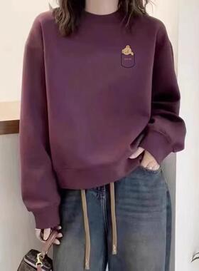 紫色纯棉短款卫衣女2024年新款秋冬季无帽小个子外套洋气上衣女装