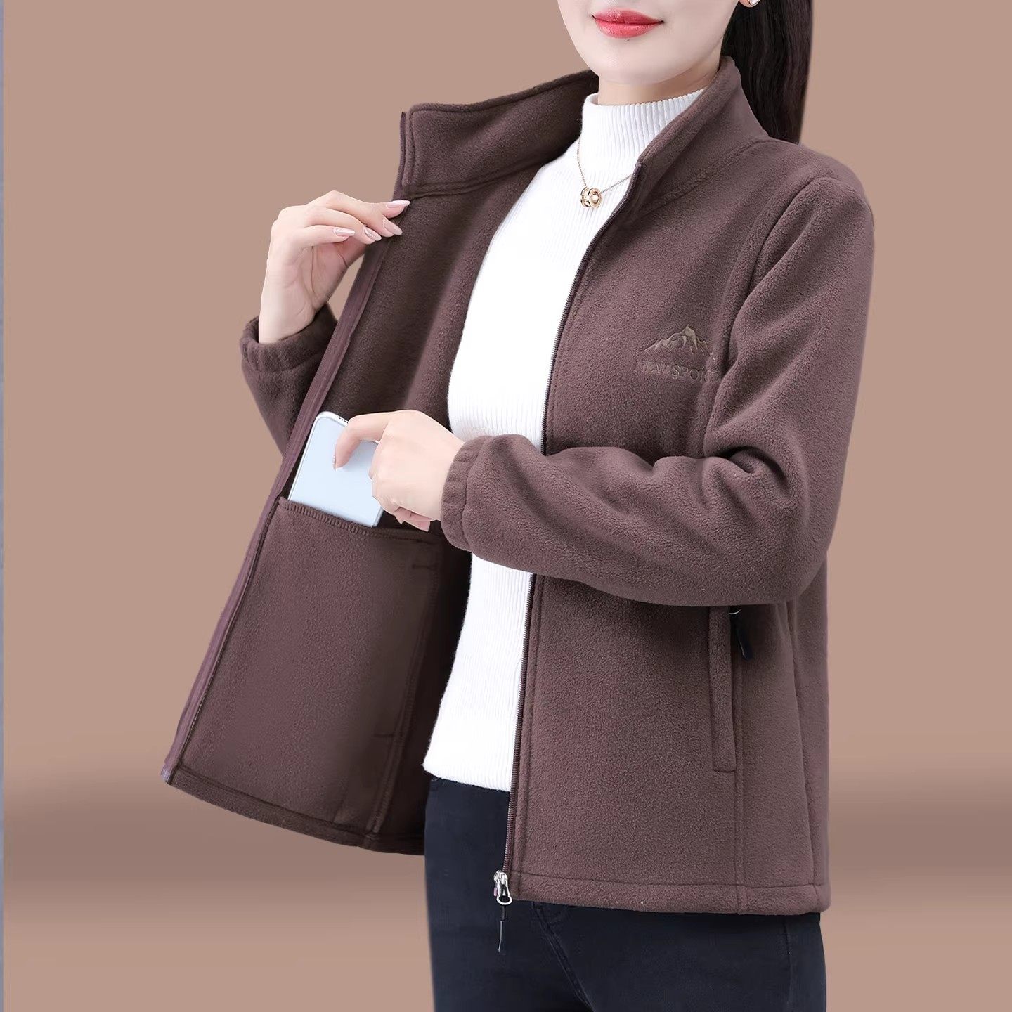 双面绒摇粒绒外套女秋冬2026新款中年妈妈加绒加厚保暖开衫抓绒衣
