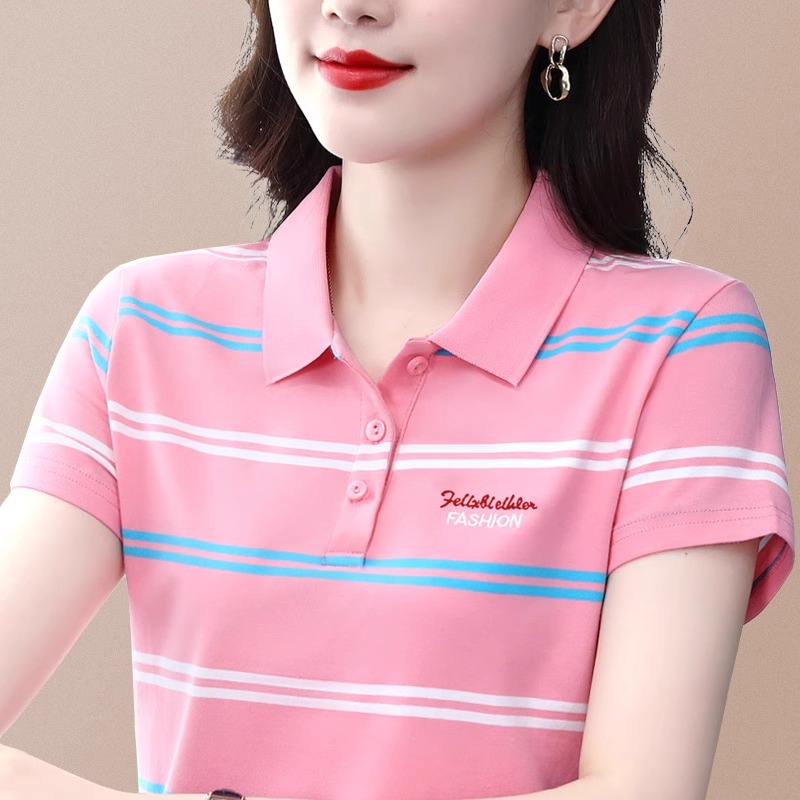条纹短袖t恤女纯棉翻领2025新款夏季薄款有领女士上衣带领polo衫