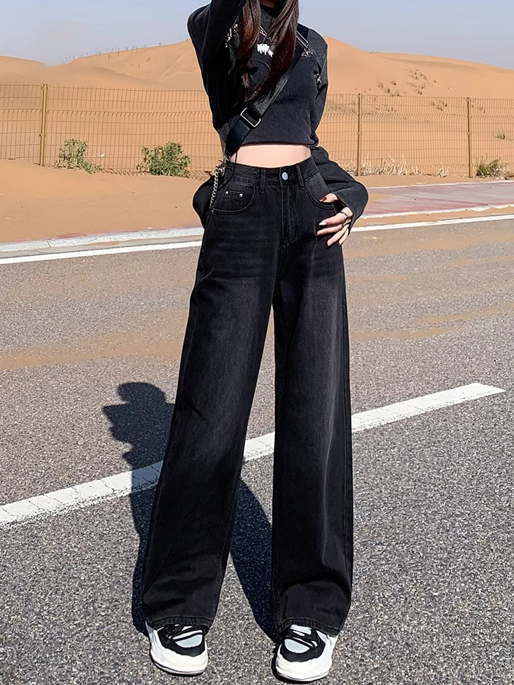 窄版黑灰高腰阔腿牛仔裤女春秋薄款2025新款宽松直筒垂感拖地裤子