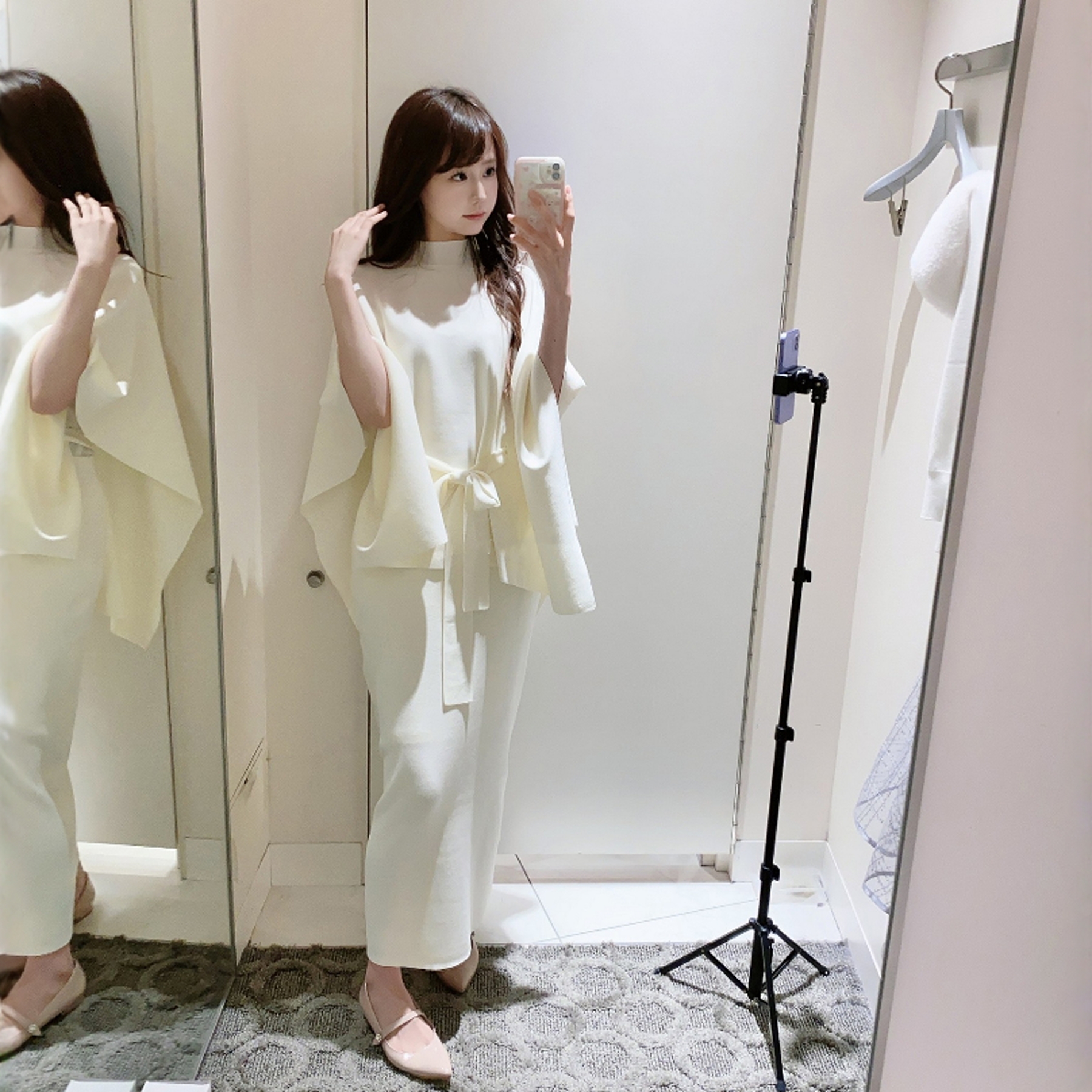 Chillax'纸片人~ C家 简约针织半身裙+系带收腰披肩斗篷上衣 套装