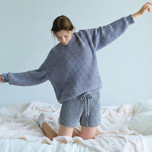 客供柔肤雪尼尔纱线编织罗纹纯色圆领家居睡衣短裤 白菜价 G家