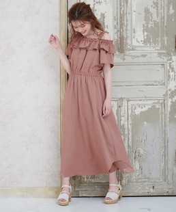 重头戏 M+法式度假风情 斜肩吊带荷叶边饰领大地色连衣长裙