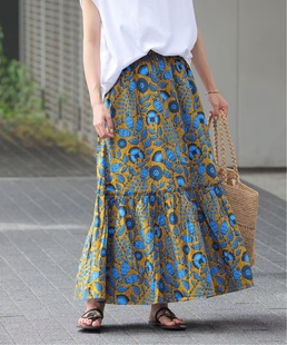 JS re1ume爆款回归 时尚复古风民族风印花松紧腰褶皱荃棉半身裙