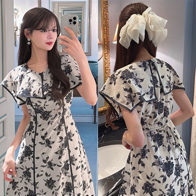 美神降临！治愈系浪漫 优雅印花荷叶披肩领法式分割收腰连衣裙