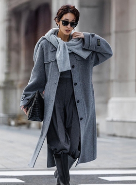 g2160~MO海报款 意大利制75羊毛手缝双面呢翻领腰带长款毛呢外套