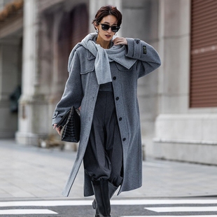 毛呢外套 意大利制75羊毛手缝双面呢翻领腰带长款 g2160 MO海报款