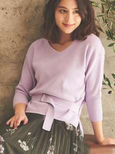通穿三季 空气感进kou纱线 21针 V领七分袖 N0e 腰带针织衫 21秋