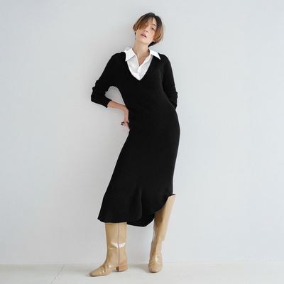 3W+Sty1ng 兔耳朵假领+优雅显瘦修身不规则鱼尾毛衣连衣裙 套装