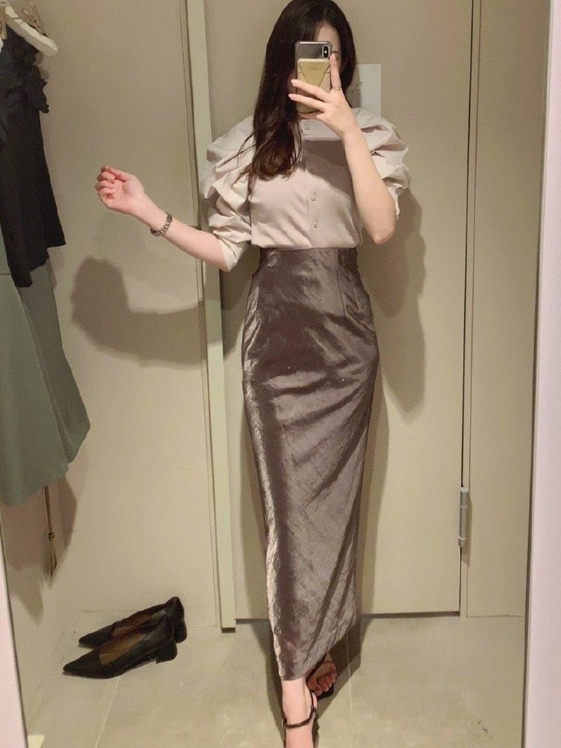 高腰提花缎面后开叉显瘦直筒