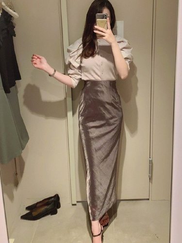 高腰提花缎面后开叉显瘦直筒