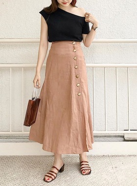 【血亏价】Ch1co  优雅复古棉麻收腰显瘦大长腿金属扣半开衩半裙