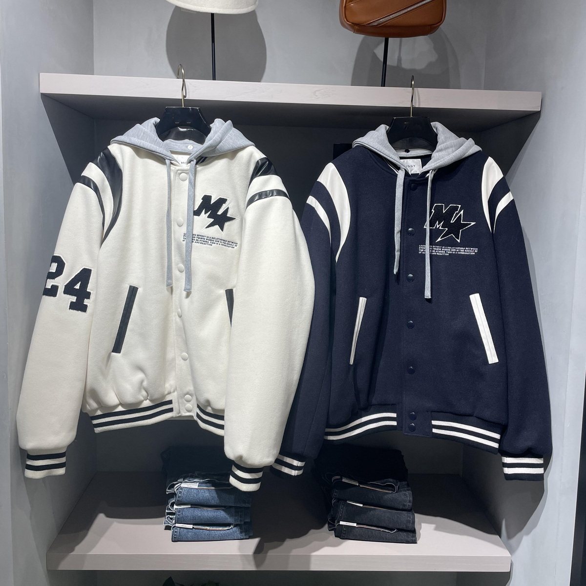 正！少量~M家 字母刺绣撞色减龄夹棉连帽毛呢夹克棒球服棉衣外套