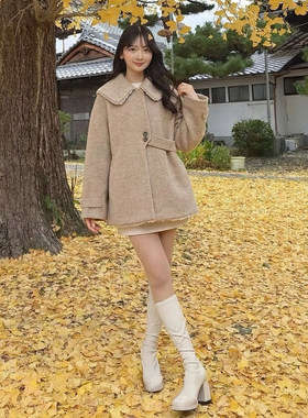 检品返回~e@ph1 淡色系女子 可脱卸流苏海军大翻领毛呢大衣外套