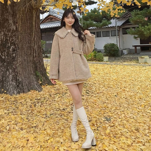 检品返回~e@ph1 淡色系女子 可脱卸流苏海军大翻领毛呢大衣外套