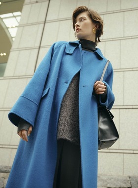 【双11折扣】MO家流线设计 手缝双面羊毛呢落肩双排扣H型大衣外套