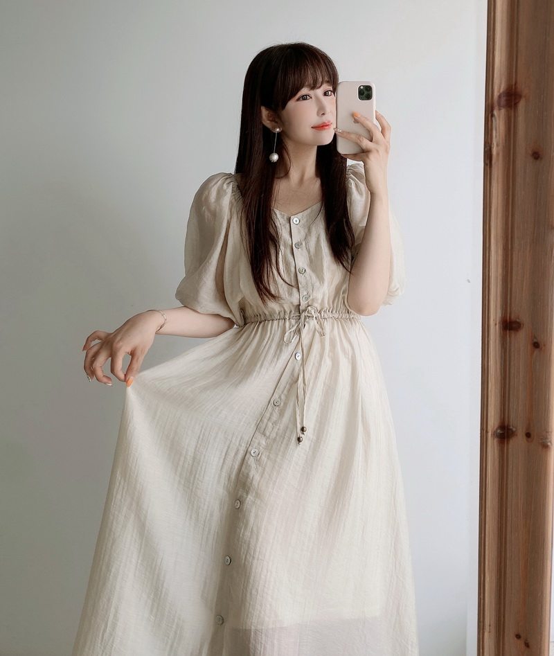 古典法式玻璃纱泡泡袖高腰连衣裙