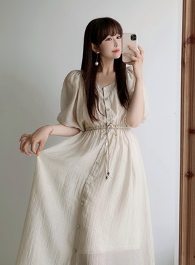 气质美人！Ch1co 22夏 高挑显瘦 古典法式玻璃纱泡泡袖高腰连衣裙