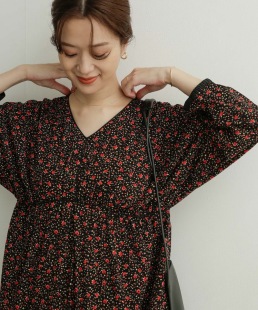 U D00rs 微醺在这醉人的浪漫里~中长款收腰 小碎花人棉连衣裙 春